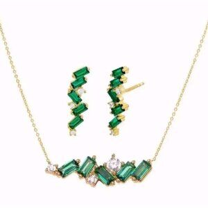 Adina Eden Emerald Green CZ Baguette Earrings And‎ Necklace Combo Set Goldtone N